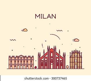 Milan skyline detailed silhouette. Trendy vector illustration, line art style.