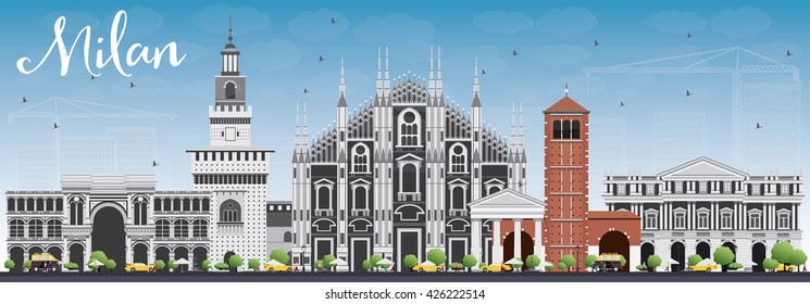 Milan Skyline with Gray Landmarks and Blue Sky. Vector Illustration. Business Travel and Tourism Concept with Historic Buildings. Image for Presentation Banner Placard and Web Site.