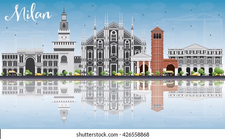 Milan Skyline with Gray Landmarks, Blue Sky and Reflections. Vector Illustration. Business Travel and Tourism Concept with Historic Buildings. Image for Presentation Banner Placard and Web Site.