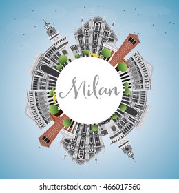 Milan Skyline with Gray Landmarks, Blue Sky and Copy Space. Vector Illustration. Business Travel and Tourism Concept with Historic Buildings.