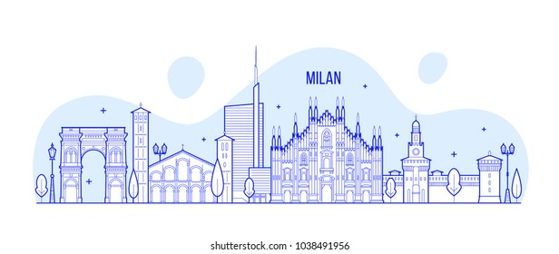 Milan skyline, Italy. This illustration represents the city with its most notable buildings. Vector is fully editable, every object is holistic and movable