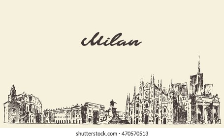 Milan skyline, Italy, vector engraved illustration, hand drawn, sketch