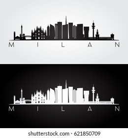 Milan skyline and landmarks silhouette, black and white design, vector illustration.