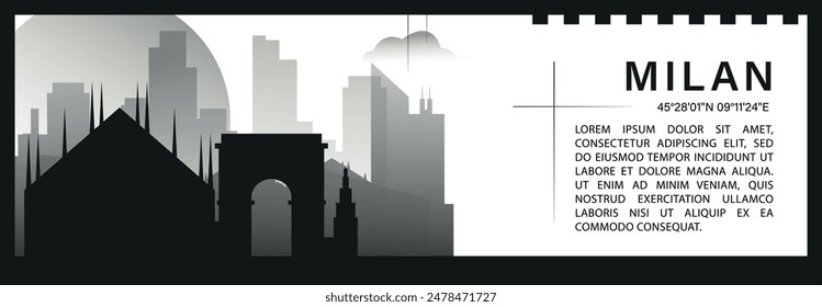 Milan skyline vector banner, black and white minimalistic cityscape silhouette. Italy city horizontal graphic, travel infographic, monochrome layout for website