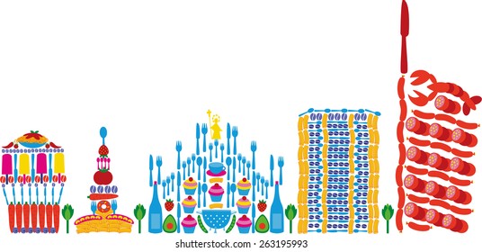 Milan Skyline Vector Illustration Composed By Drawn Food To Illustrate The Expo Milano 2015 World's Fair Dedicated To Food