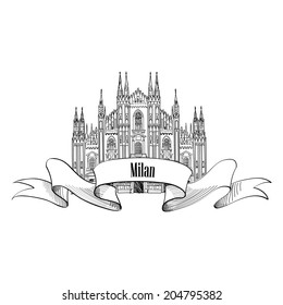 Milan symbol. Travel Italy icon. Hand drawn sketch. Duomo cathedral in Milan 