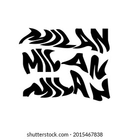 Milan typography text or slogan with wavy letters. T-shirt graphic with ripple or glitch effect. Abstract print, banner, poster, emblem design. Vector illustration.