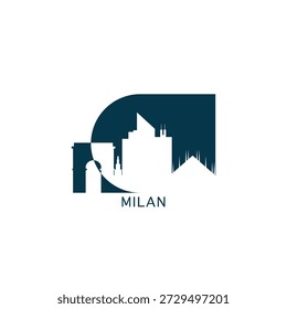 Milan vector icon with skyline, panoramic view, city shape. Italy landmarks logo concept. Blue flat isolated graphic, badge