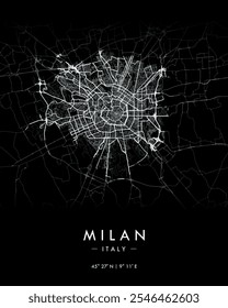 Milan vector map in dark theme. Detailed map of Milan in Italy. Best free vector illustration. Tourist decorative street map.