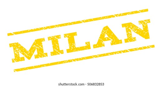 Milan watermark stamp. Text caption between parallel lines with grunge design style. Rubber seal stamp with unclean texture. Vector yellow color ink imprint on a white background.