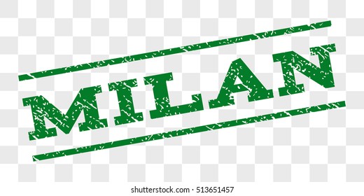 Milan watermark stamp. Text caption between parallel lines with grunge design style. Rubber seal stamp with unclean texture. Vector green color ink imprint on a chess transparent background.