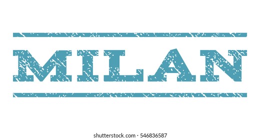 Milan watermark stamp. Text caption between horizontal parallel lines with grunge design style. Rubber seal stamp with dust texture. Vector cyan color ink imprint on a white background.