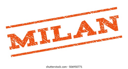 Milan watermark stamp. Text tag between parallel lines with grunge design style. Rubber seal stamp with dirty texture. Vector orange color ink imprint on a white background.