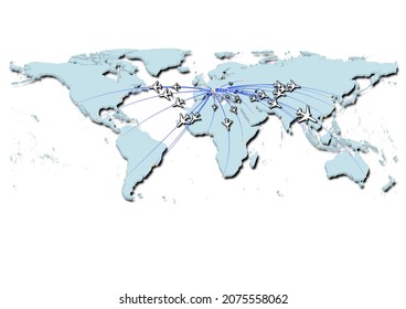 Milan-Italy in concept vector illustration, map showing flights from Milan-Italy to major cities around the world.