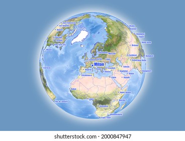 Milán-Italia se muestra en el mapa del globo vectorial. El mapa muestra la ubicación de Milán-Italia en el mundo.