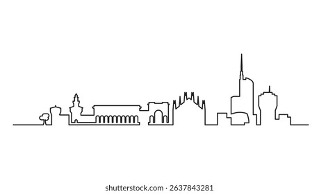 Milano city skyline traced by one single line vector illustration