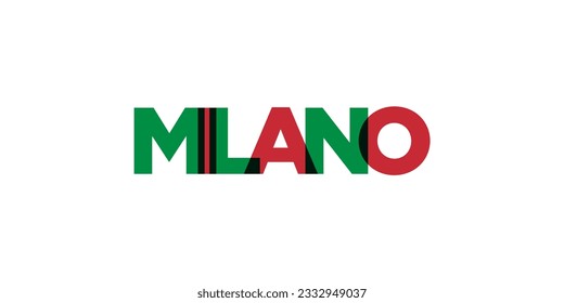 Milano in the Italia emblem for print and web. Design features geometric style, vector illustration with bold typography in modern font. Graphic slogan lettering isolated on white background.