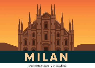 A icônica Catedral Duomo de Milão, situada contra um céu de pôr do sol vibrante, oferece vistas deslumbrantes de uma das obras-primas arquitetônicas góticas mais impressionantes da Itália