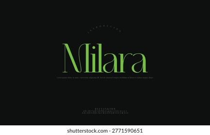 Milara elegant serif font typeface design with typeface typography alphabet branding logotype fontname decorative calligraphy handwritten condensed extended abstract background template