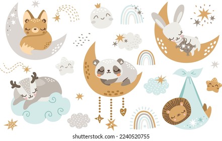 La colección de Milay de animales dormidos. Cute liebre, panda, ciervo, zorro, león durmiendo en la luna y la nube. Un cachorro de león recién nacido en un pañal. Nubes, estrellas, arco iris