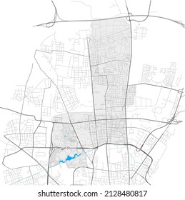 Milbertshofen-Am Hart, München, DEUTSCHLAND, high detail vector map with city boundaries and editable paths. White outlines for main roads. Many smaller paths. Blue shapes and lines for water.