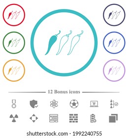 Mild chili pepper level flat color icons in circle shape outlines. 12 bonus icons included.