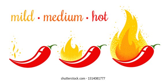 Mild, medium and hot chilli pepper. Vector emblems jalapeno or chilli peppers. Chili pepper.