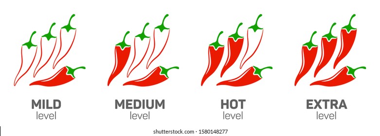 Mild medium hot extra spicy level red chili pepper strength scale indicators. Organic labels for mexican, asian dishes. Chilli paper spicy mild medium hot extra taste level labels. Food organic icons