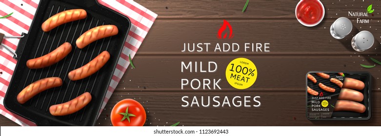 Mild pork sausages ads. Sausages on grill pan with tomato, sauce and spice on wooden texture. Top view on delicious meal.
