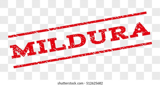 Mildura watermark stamp. Text caption between parallel lines with grunge design style. Rubber seal stamp with dirty texture. Vector red color ink imprint on a chess transparent background.