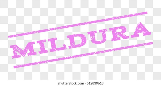 Mildura watermark stamp. Text caption between parallel lines with grunge design style. Rubber seal stamp with dirty texture. Vector violet color ink imprint on a chess transparent background.