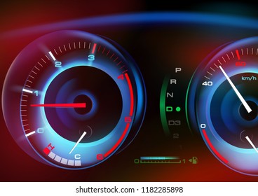 Mileage speedometer showing speed with abstract colors, dashboard and analogue, digital display. Of free space for your copy and branding. Realistic 3D vector illustration.