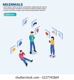 Milennials süchtig nach Handy isometrischen 3D-Vektorkonzept für Banner, Website, Illustration, Landing-Page, Flyer, etc.