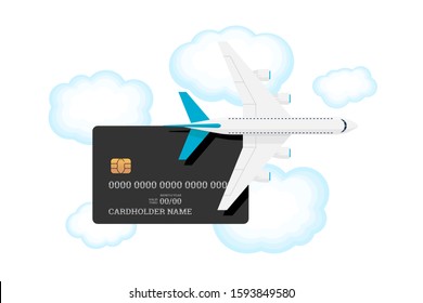 Miles Bank Premium Card With Airplane On Sky With Clouds. Credit Or Debit Plastic Card With Bonus For Frequent Air Travel Vector Illustration