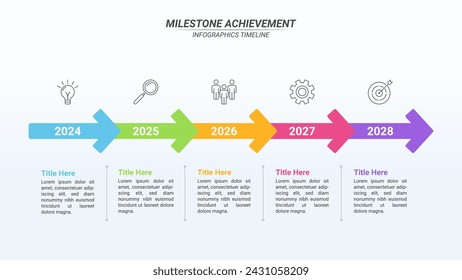 Milestone Achievement Infographic Timeline with 5 Steps and Editable Text on a 16:9 Layout for Business Presentations, Management, and Evaluation.