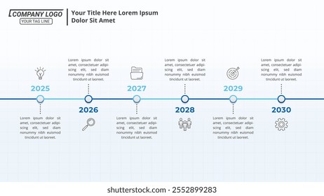 Milestone Achievement Infographic Timeline with 6 Steps on a 16:9 Layout for Business Presentation, Poster, Banner and Booklet.