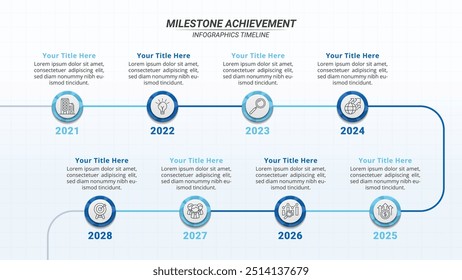 Milestone Achievement Infographic Timeline with 8 Steps on a 16:9 Layout for Business Presentations, Management, and Evaluation.