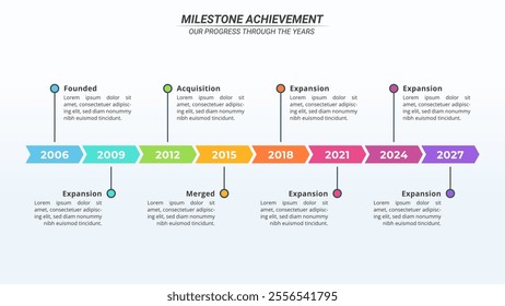 Milestone Achievement Infographic Timeline with 8 Steps on a 16:9 Layout for Business Presentation, Poster, Banner and Booklet.