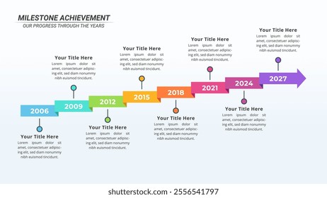 Milestone Achievement Infographic Timeline with 8 Steps on a 16:9 Layout for Business Presentation, Poster, Banner and Booklet.