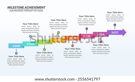Milestone Achievement Infographic Timeline with 8 Steps on a 16:9 Layout for Business Presentation, Poster, Banner and Booklet.
