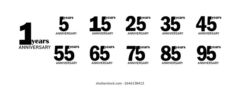 Milestone Anniversary Number Collection – 5, 15, 25 to 95 Years Logo Pack for Events and Branding.