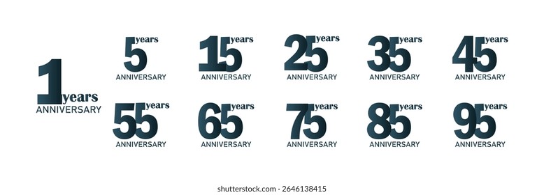 Milestone Anniversary Number Collection – 5, 15, 25 to 95 Years Logo Pack for Events and Branding.