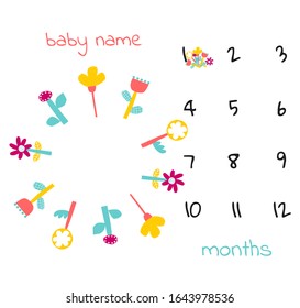 Milestone baby blanket with funny flowers. Vector hand drawn illustration.