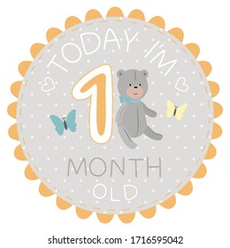 Milestone baby card today I am one month old with teddy bear and butterfly for little boy. Vector illustration EPS 10