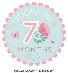 Milestone baby card today I am seven months old with bird for little girl. Vector illustration EPS 10