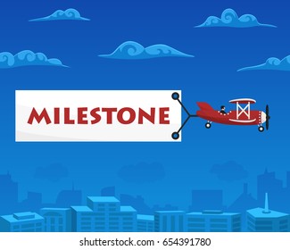 Milestone banner is attached to the airplane. Vector illustration