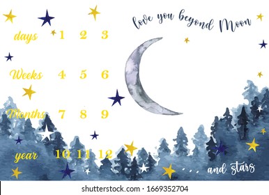 Milestone blanket background unisex ( boy + girl) moon and stars water color, decoration baby shower baby new born month 1, 2, 3, 4, 5, 6, 7, 8, 9, 10,11, 12. editable eps file.