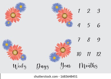 Milestone blanket background unisex ( boy + girl) decoration baby shower baby new born month 1, 2, 3, 4, 5, 6, 7, 8, 9, 10,11, 12. editable eps file.