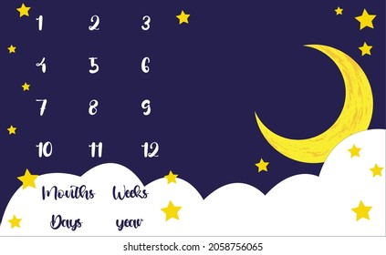 Hitos de fondo de manta unisex (niño + niña) luna y estrellas, decoración bebé ducha recién nacido mes 1, 2, 3, 4, 5, 6, 7, 8, 9, 10,11, 12. archivo de pasos editable.