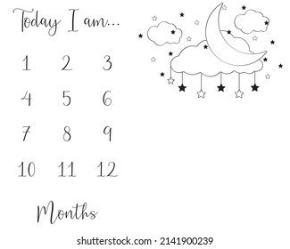 Milestone blanket background unisex ( boy + girl) moon and stars, decoration baby shower baby new born month 1, 2, 3, 4, 5, 6, 7, 8, 9, 10,11, 12. editable eps file.